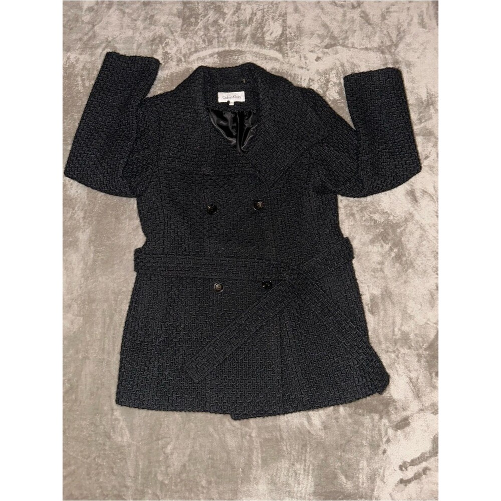 Calvin Klein Black Textured Double-Breasted Pea Coat with Waist Belt Size 12